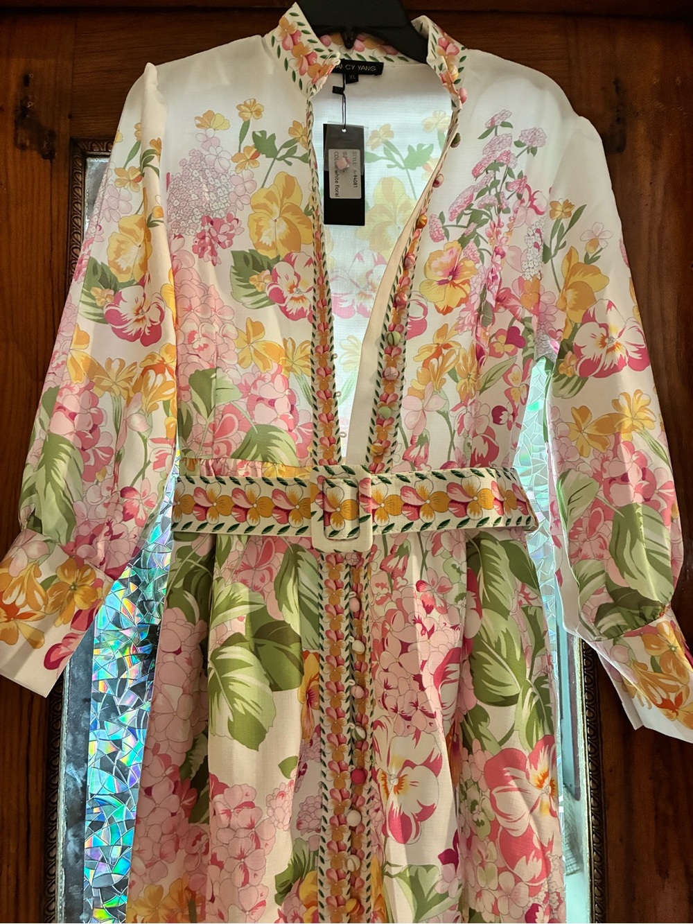 Nancy Yang floral while pink puff sleeve midi belt dress size XL